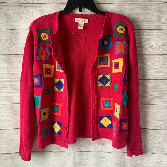 Bechamel Pink Knit Cardigan Sweater Colorful Geometric Squares Button Up Medium - Picture 4 of 16